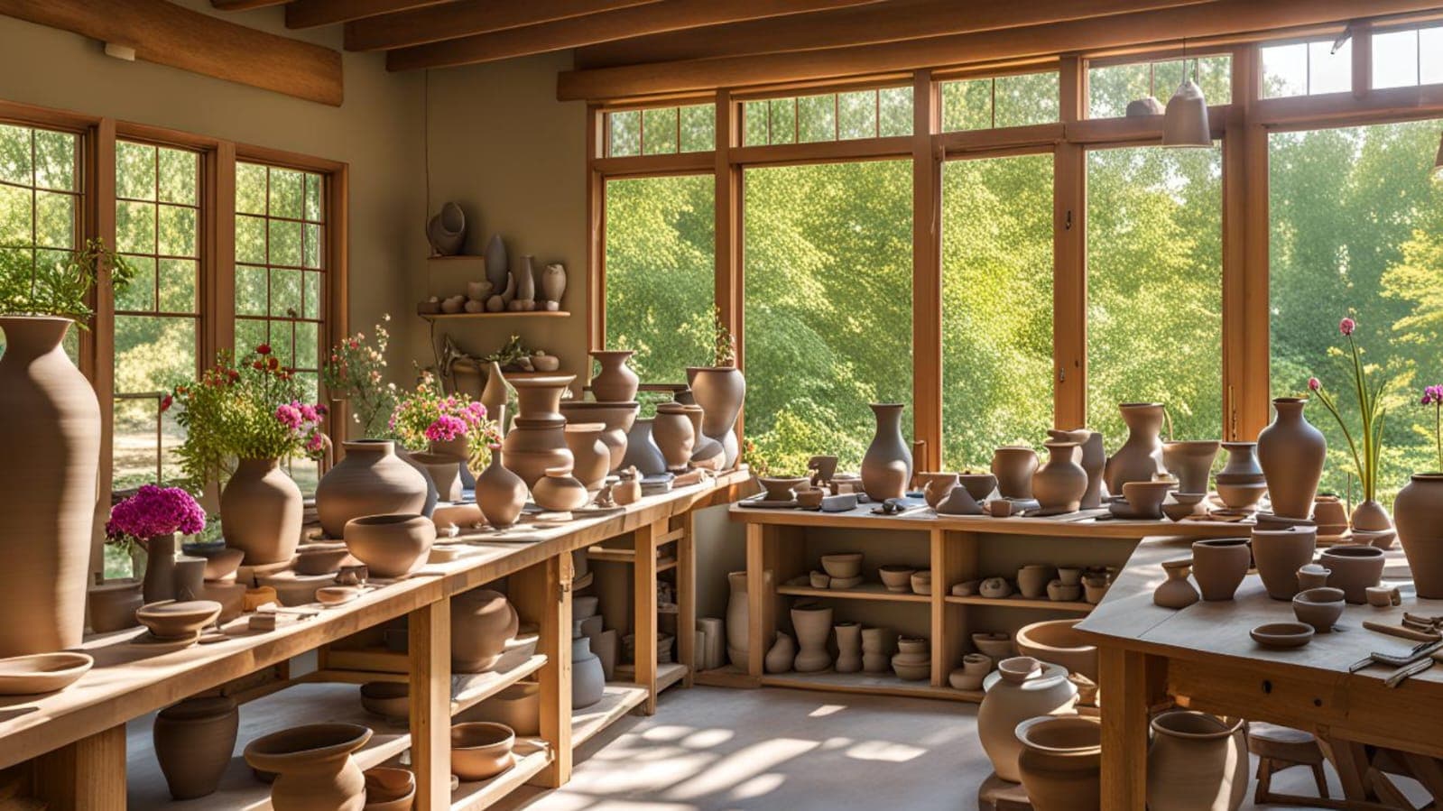 Warm pottery studio filled with handcrafted terracotta vessels and natural light.