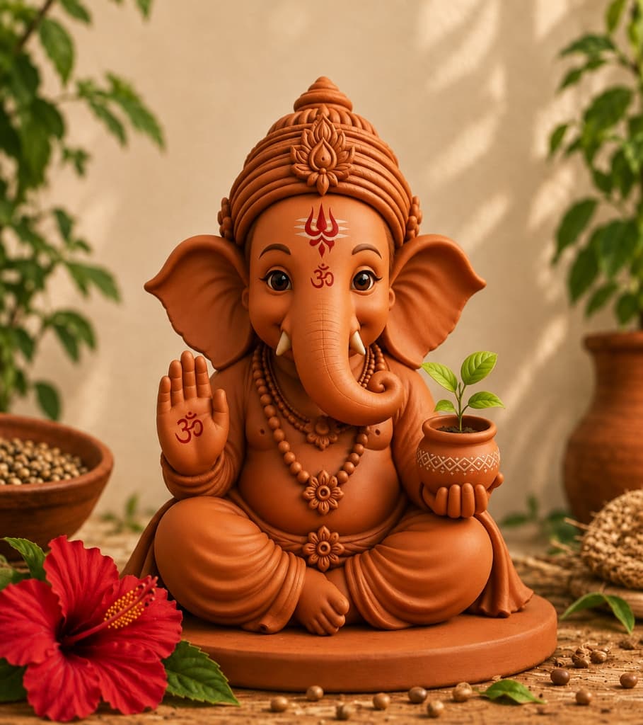 Handmade red terracotta Seed Ganesha holding a small plant in a pot with red hibiscus