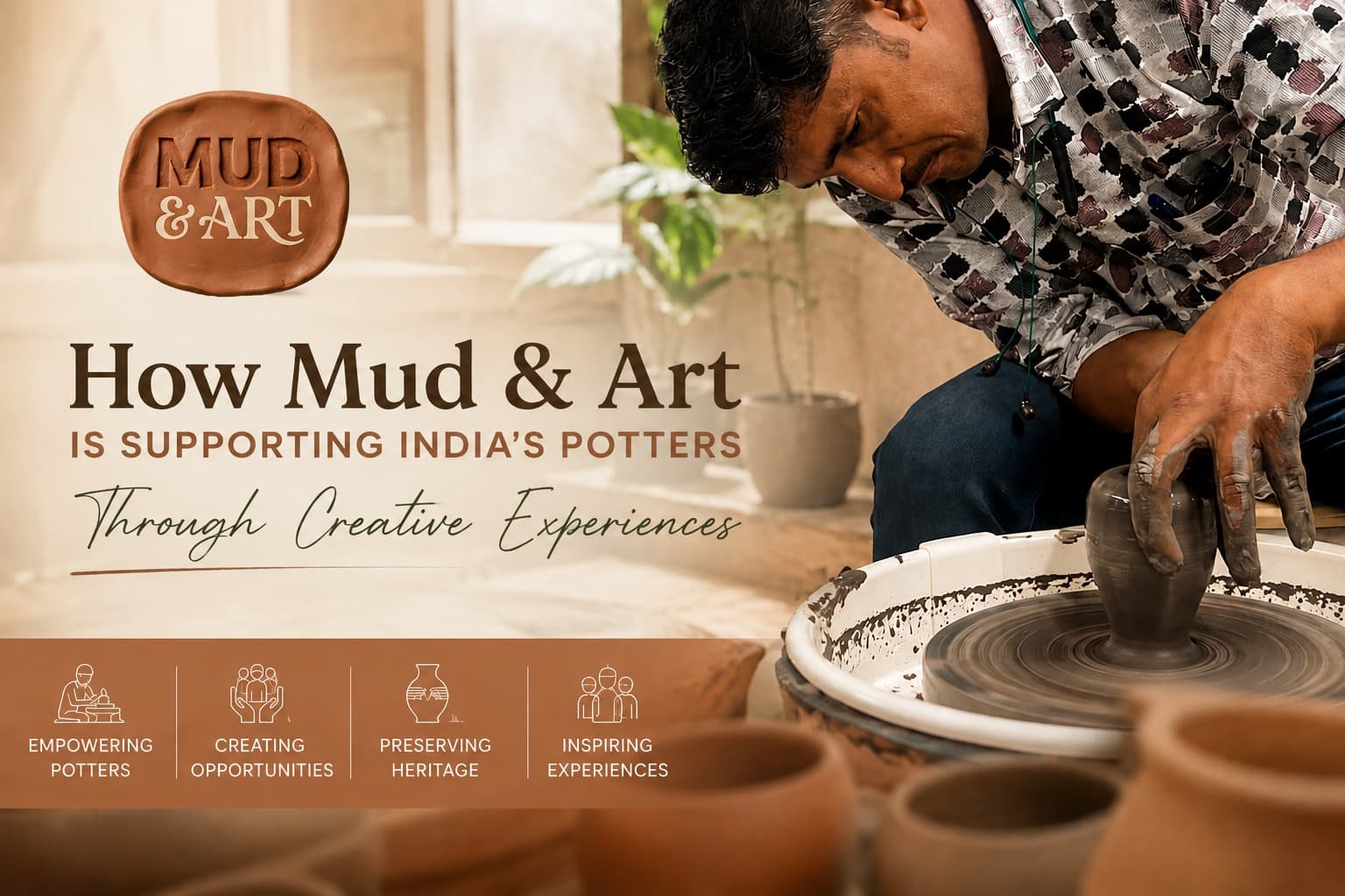 Indian potter shaping clay by hand during a Mud & Art pottery workshop.