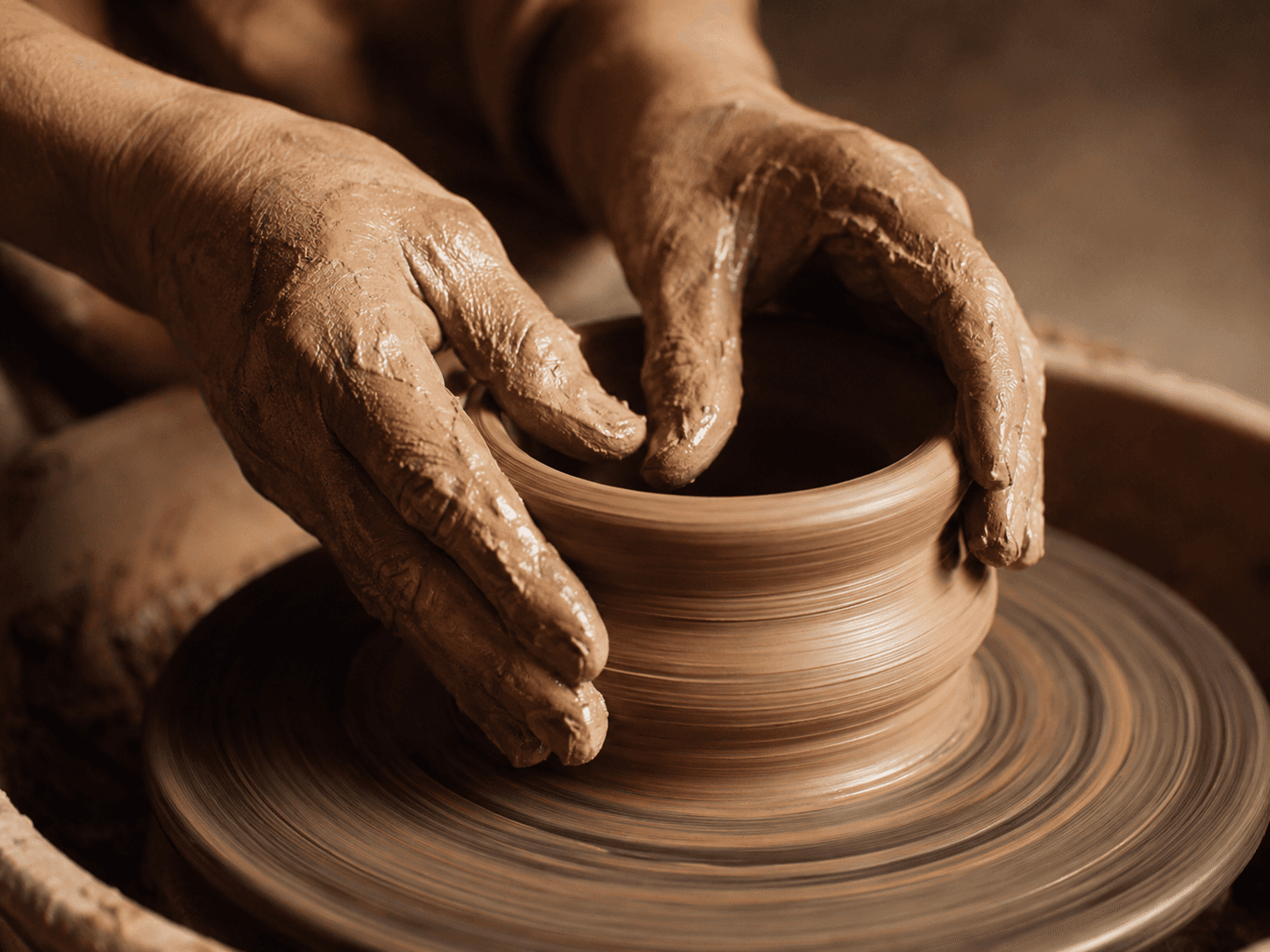 Wet clay and water meeting on the pottery wheel
