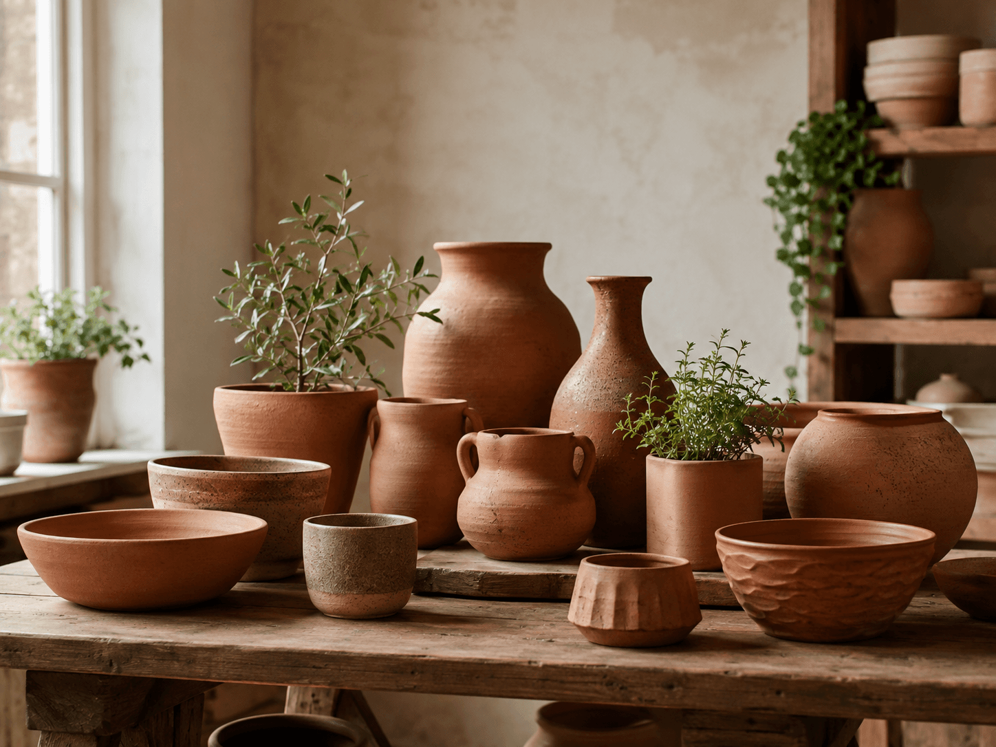 Terracotta forms arranged in natural studio light