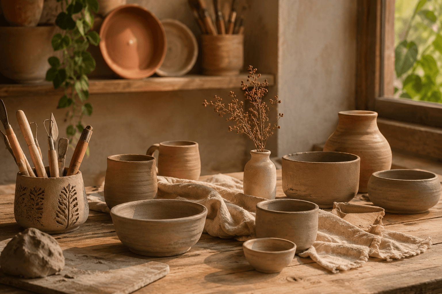 A small group making pottery together